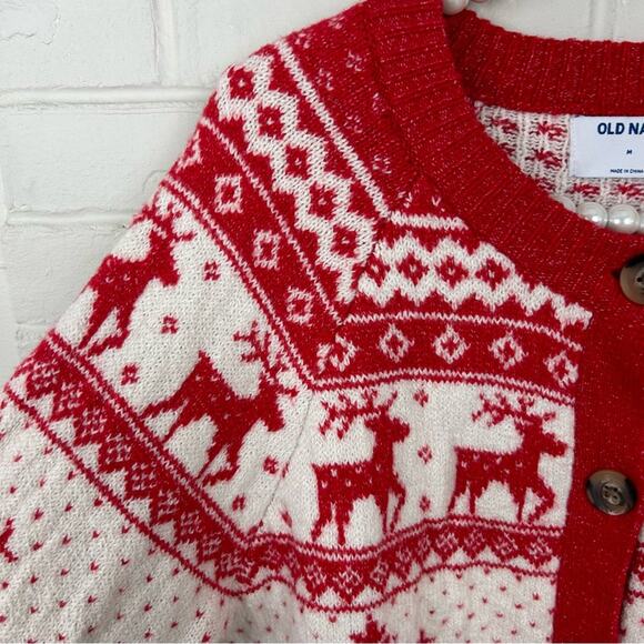 Old Navy Fair Isle Reindeer Snowflake Knit Christmas Cardigan Sweater Size M - Picture 8 of 10